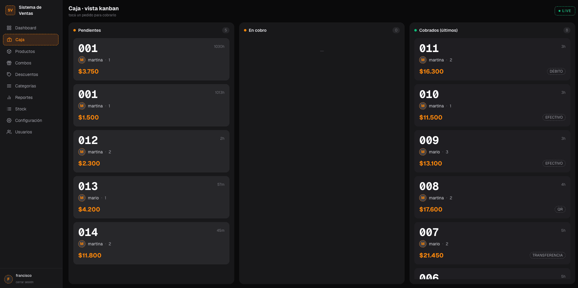 Punto de caja en kanban con pedidos en vivo